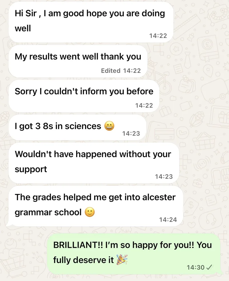 WhatsApp testimonial from a Science Sorted parent or student.