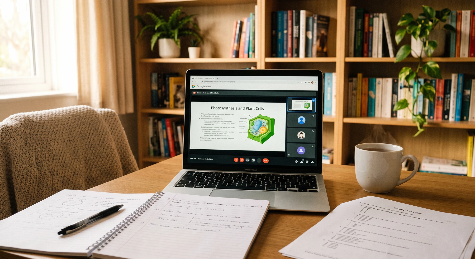 A cosy home study desk with a laptop showing a Science Sorted Google Meet lesson on Photosynthesis and Plant Cells, revision notes and a coffee alongside