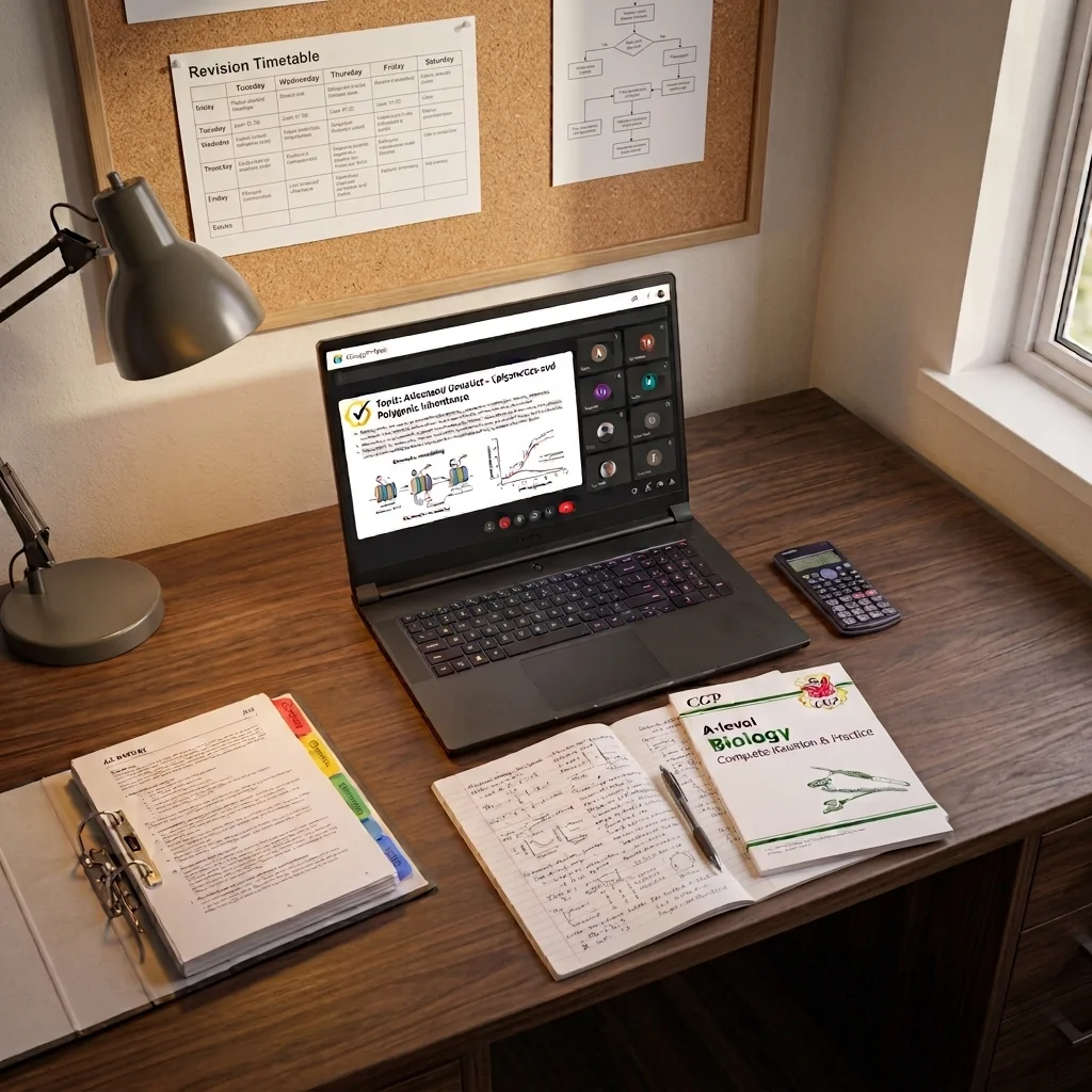 A tidy study desk with a Google Classroom lesson on Advanced Genetics open on the laptop, a revision timetable pinned above and A Level Biology revision notes in front