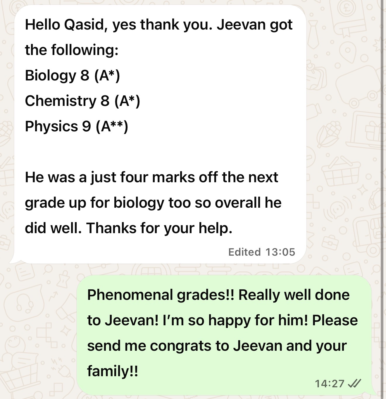 WhatsApp: Jeevan got Biology 8 (A*), Chemistry 8 (A*) and Physics 9 (A**).