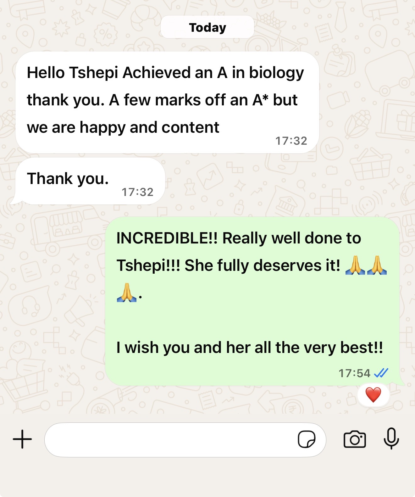 WhatsApp: Tshepi achieved an A in biology.